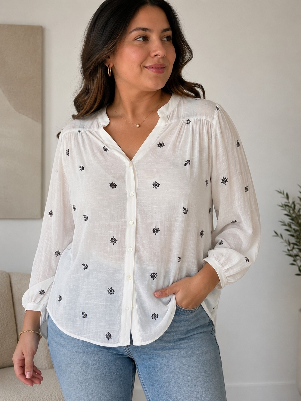 Figueroa & Flower White Nautical Embroidered Button-Front Blouse